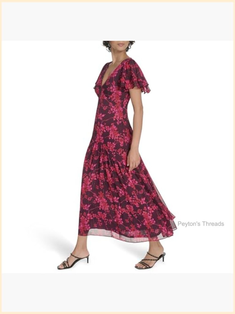 Flutter Sleeve V Neck Tiered Maxi Dress - Polyester Metallic - Picture 3 of 5